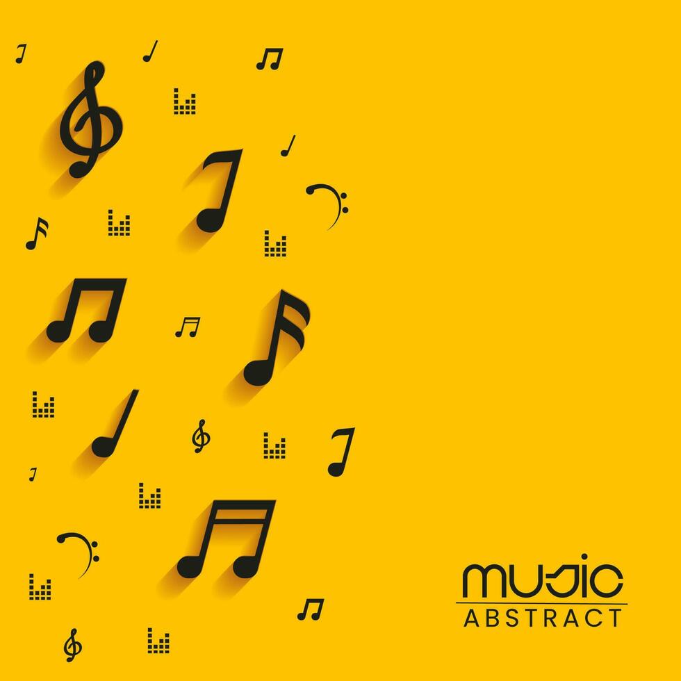 negro música notas decorado en amarillo antecedentes. vector