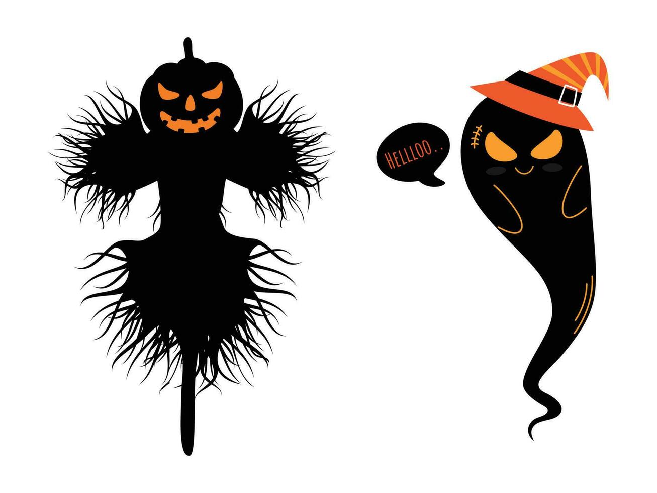 Pumpkin Scarecrow And Cartoon Ghost Saying Hello On White Background. vector