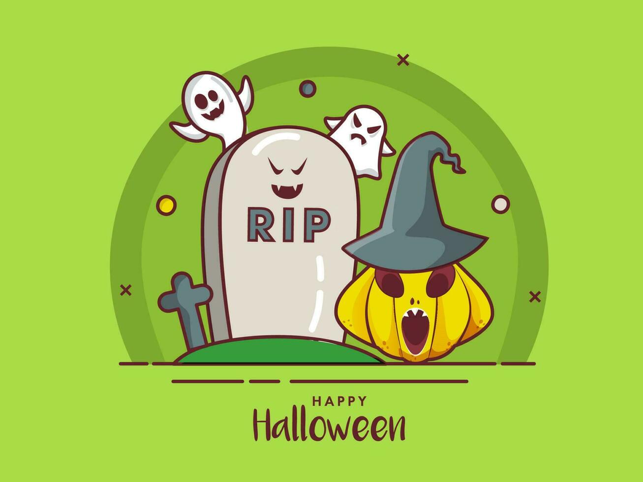 Happy Halloween Poster Design With RIP Stone, Cartoon Ghosts And Jack-O-Lantern Wearing Witch Hat On Green Background. vector