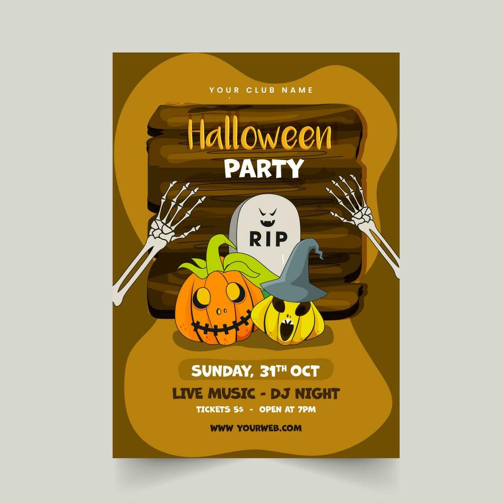 Halloween Party Flyer Design With Scary Pumpkins, RIP Stone, Skeleton Arms And Wooden Board On Brown Background. vector
