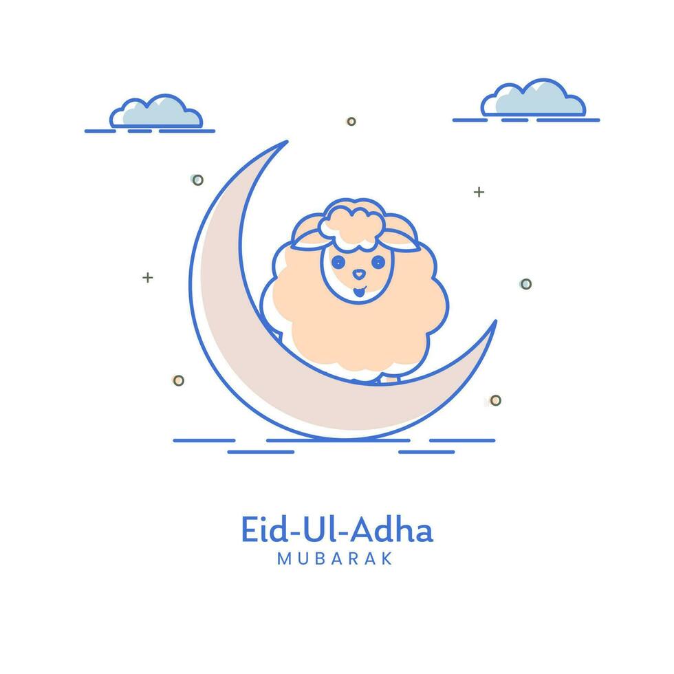 Eid-Ul-Adha Mubarak Concept With Crescent Moon, Cartoon Sheep And Clouds On White Background. vector