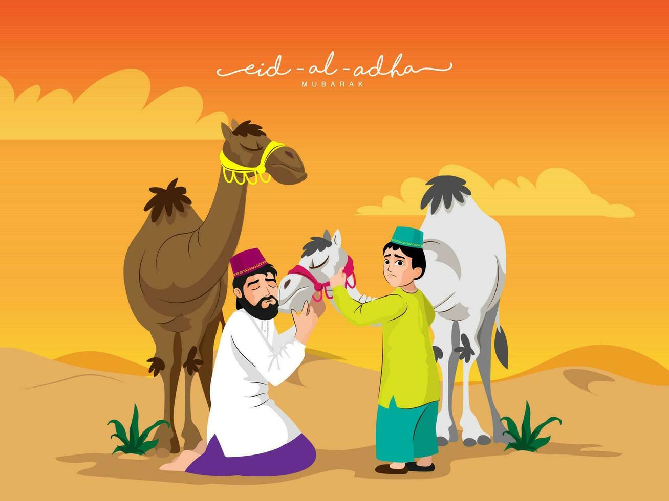 Muslim Man With His Son Holding Camels Over Orange Desert View On The Occasion Of Eid-Al-Adha Mubarak Concept. vector