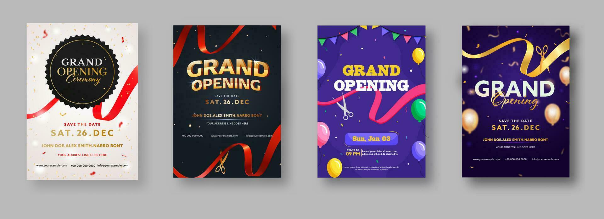 Grand Opening Ceremony Invitation Or Flyer Design In Four Color Options. vector