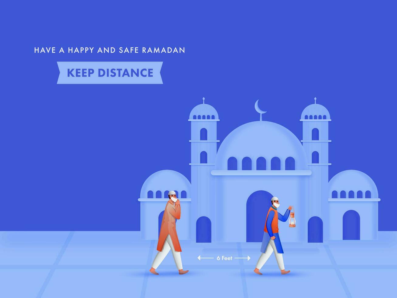 Two Muslim Men Wearing Mask With Maintain Social Distance To Prevent From Coronavirus, Mosque On Blue Background For Ramadan Celebration. vector