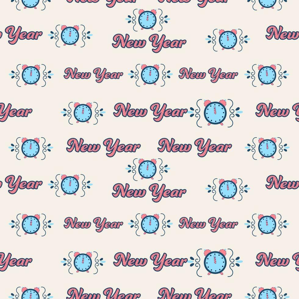 Seamless Pattern Of New Year Font With Alarm Clock On Pink Background. vector