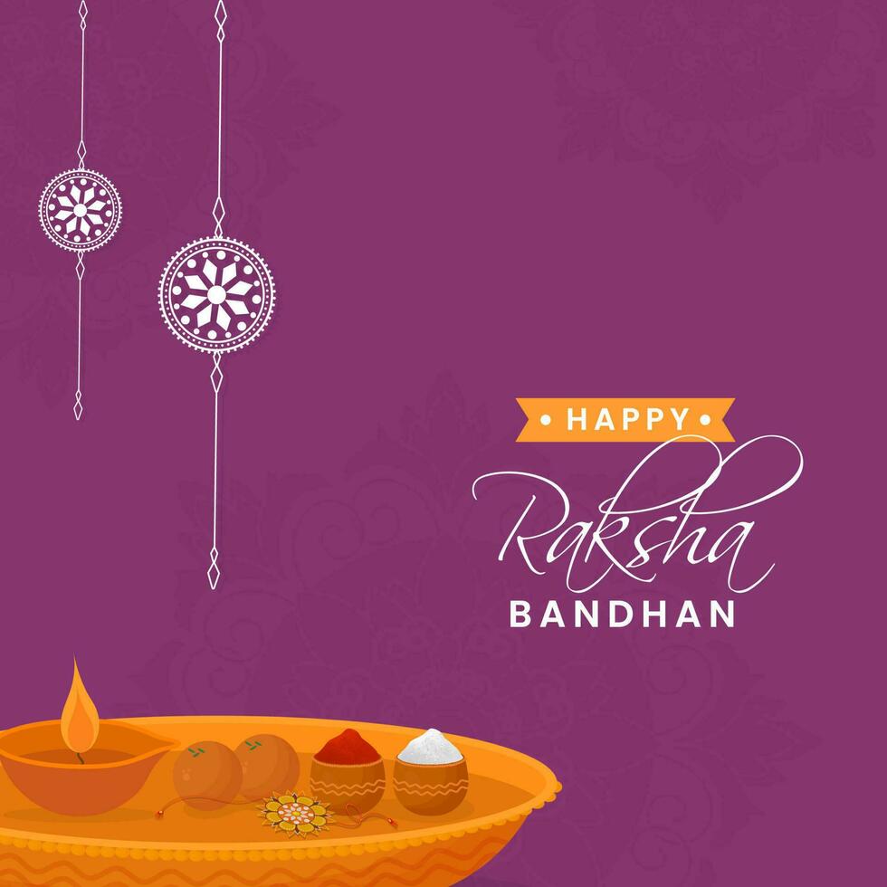 contento raksha Bandhan póster diseño con Adoración plato de rakhi en púrpura antecedentes. vector