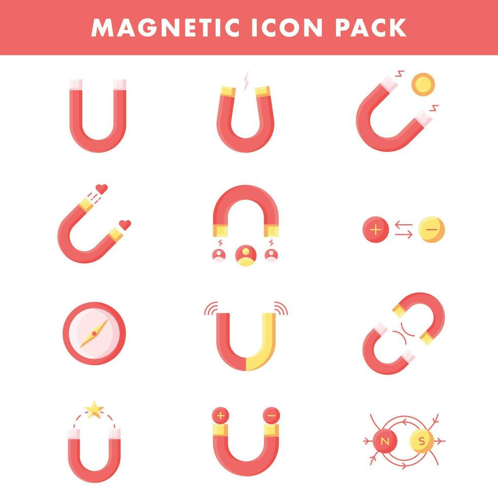 Red And Yellow Color Set of Magnetic Icon In Flat Style. vector