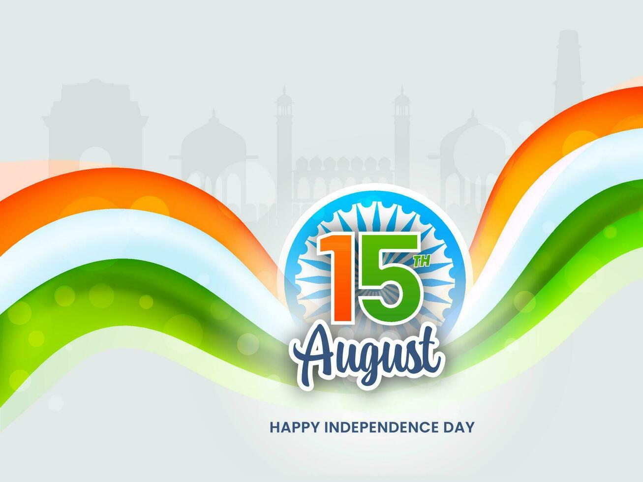 Sticker Style 15th August Text With Ashoka Wheel, Tricolor Wave On Grey Silhouette Famous Monument Background. vector