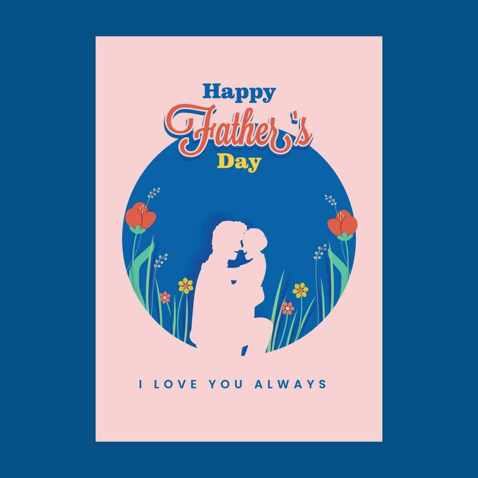 Happy Father's Day Template Design With Paper Cut Man Hugging His Son On Floral Blue And Pink Background. vector