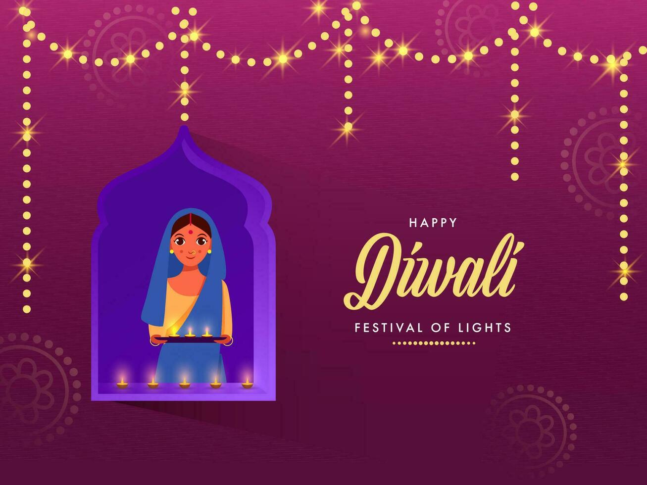 Happy Diwali Concept With Indian Woman Holding Plate Of Lit Oil Lamps And Lighting Garland On Pink Background. vector