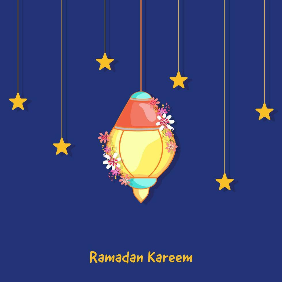 Ramadán kareem póster diseño con floral decorado lustroso linterna y estrellas colgar en azul antecedentes. vector