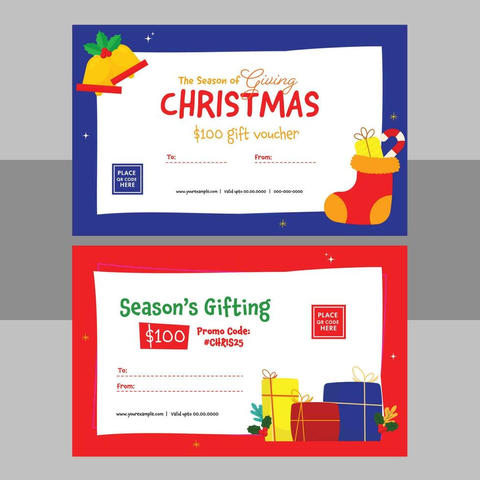 Set Of Christmas Gift Voucher Design With Jingle Bell, Woolen Sock, Holly Berries, Candy Cane And Gift Boxes Illustration vector