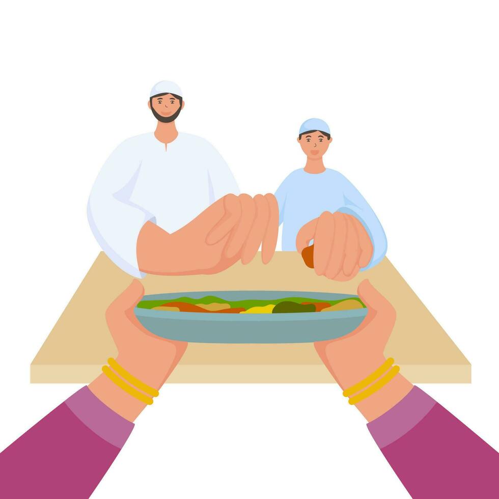 Female Hand Offering Food To Muslim Man And Boy On White Background. vector