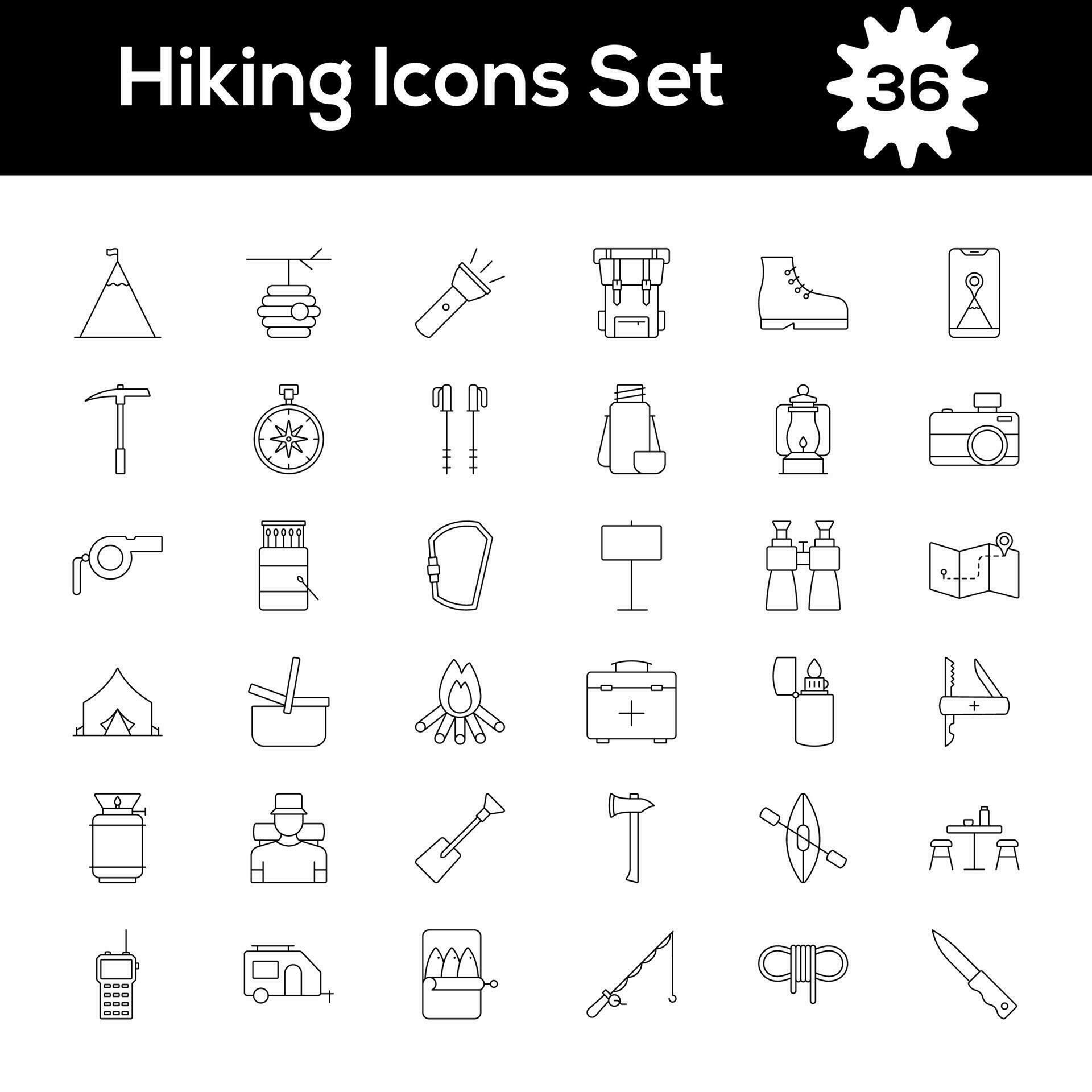 Black Line Art 36 Hiking Icons in Flat Style. 23395272 Vector Art at ...