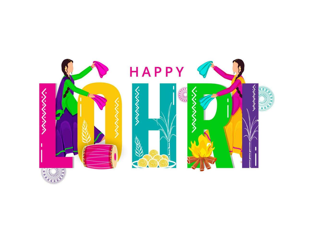 Colorful Happy Lohri Font With Faceless Punjabi Female Folk Dancers, Drum Instrument, Indian Sweets And Bonfire On White Background. vector