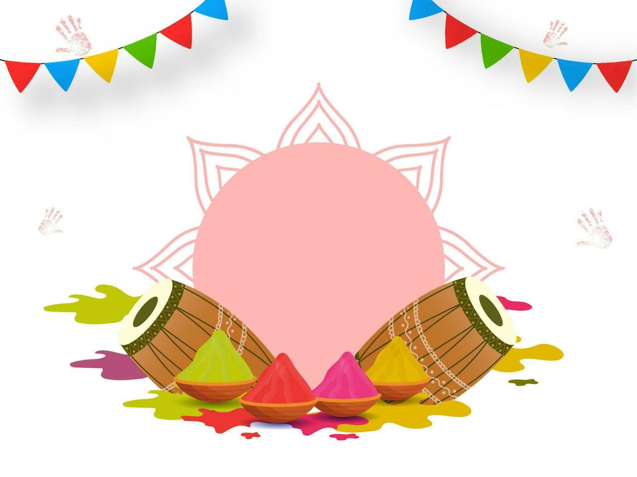 Illustration Of Drum Instruments With Dry Color Bowls And Bunting Flags On White Background With Space For Text. vector