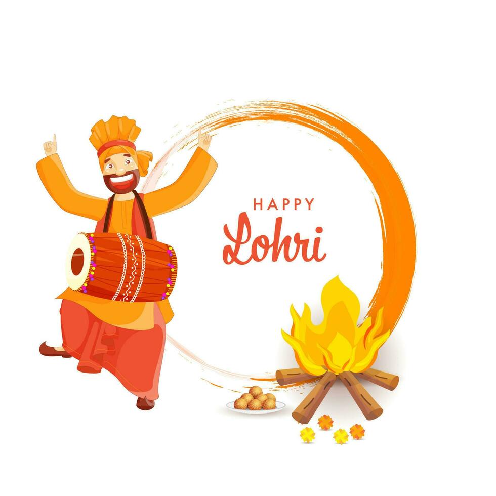 contento lohri celebracion concepto con punjabi hombre bailando y dhol, hoguera, indio dulce lámina, naranja cepillo efecto en blanco antecedentes. vector