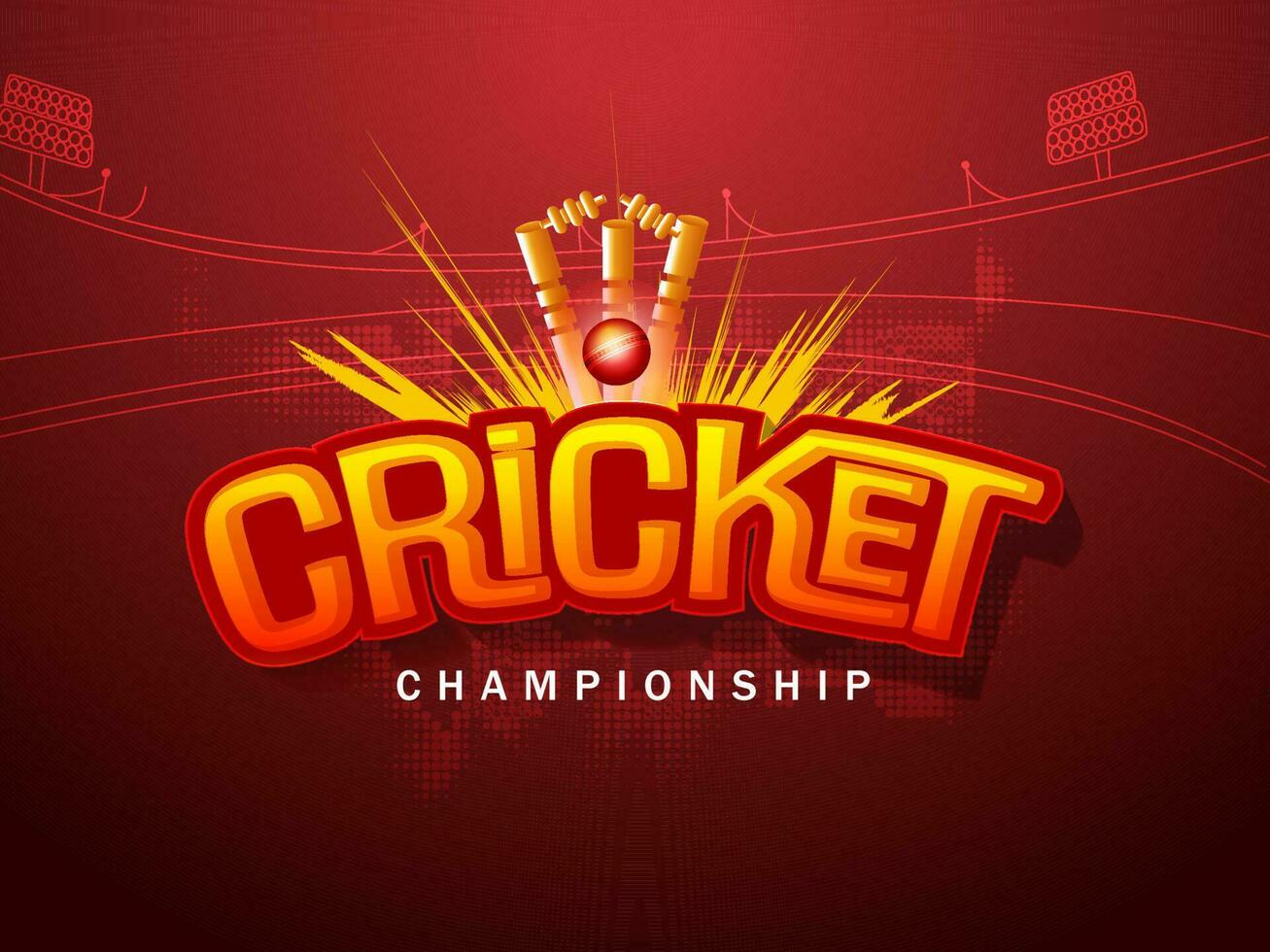 Cricket Championship Poster Design With 3D Ball Hitting Wicket Stumps On Red Stadium Halftone Background. vector