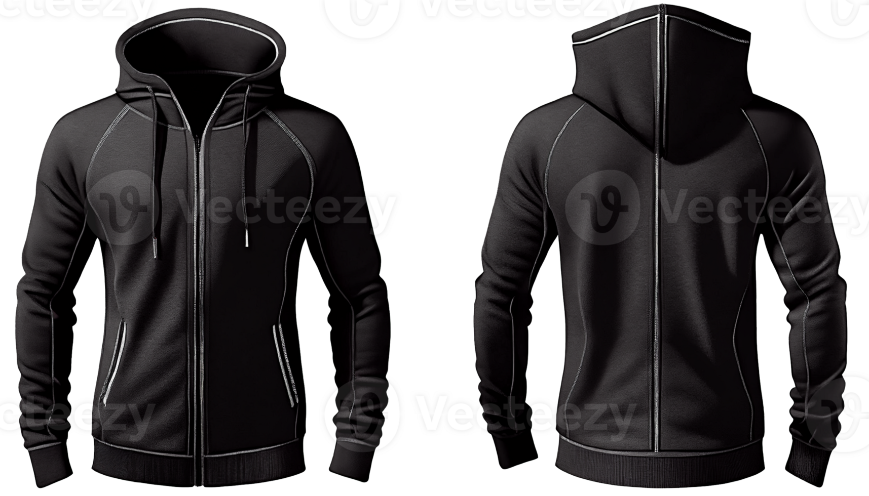 Hoodie raglan sleeve full zipper with pocket for mockup, 3d render, Front and back, copy space, png