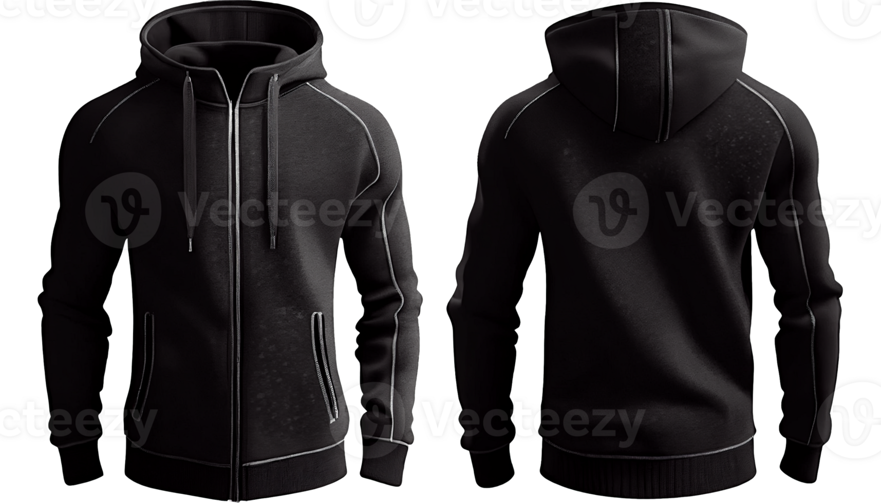 Hoodie raglan sleeve full zipper with pocket for mockup, 3d render, Front and back, copy space, png