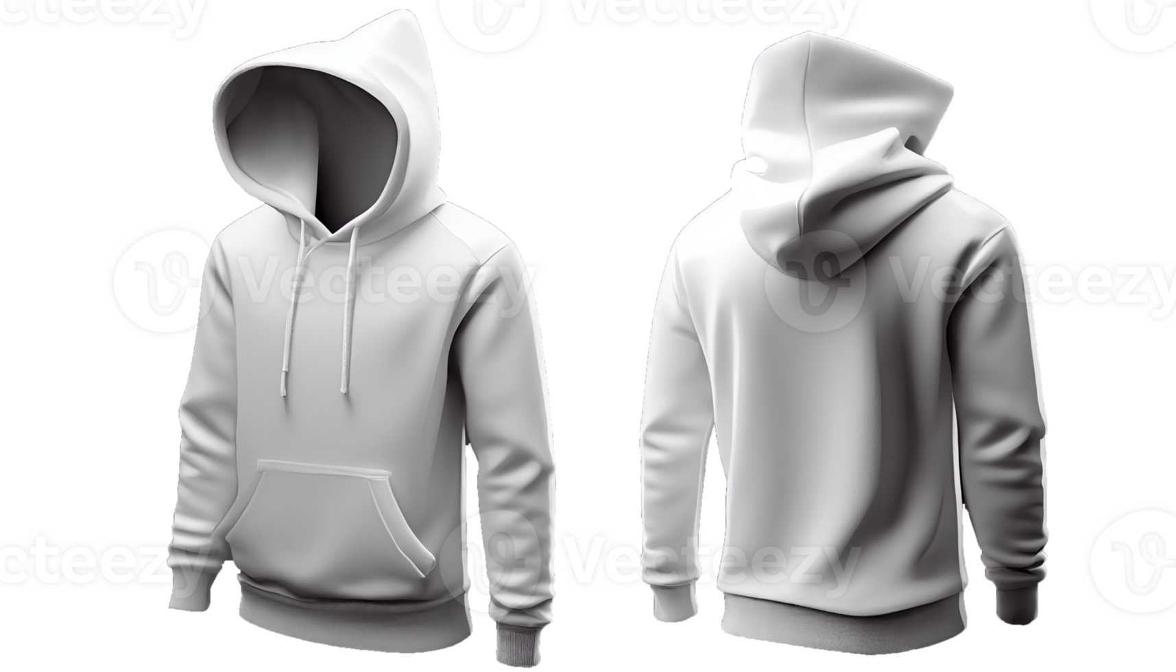 Hoodie raglan sleeve full zipper with pocket for mockup, 3d render, Front and back, copy space, png