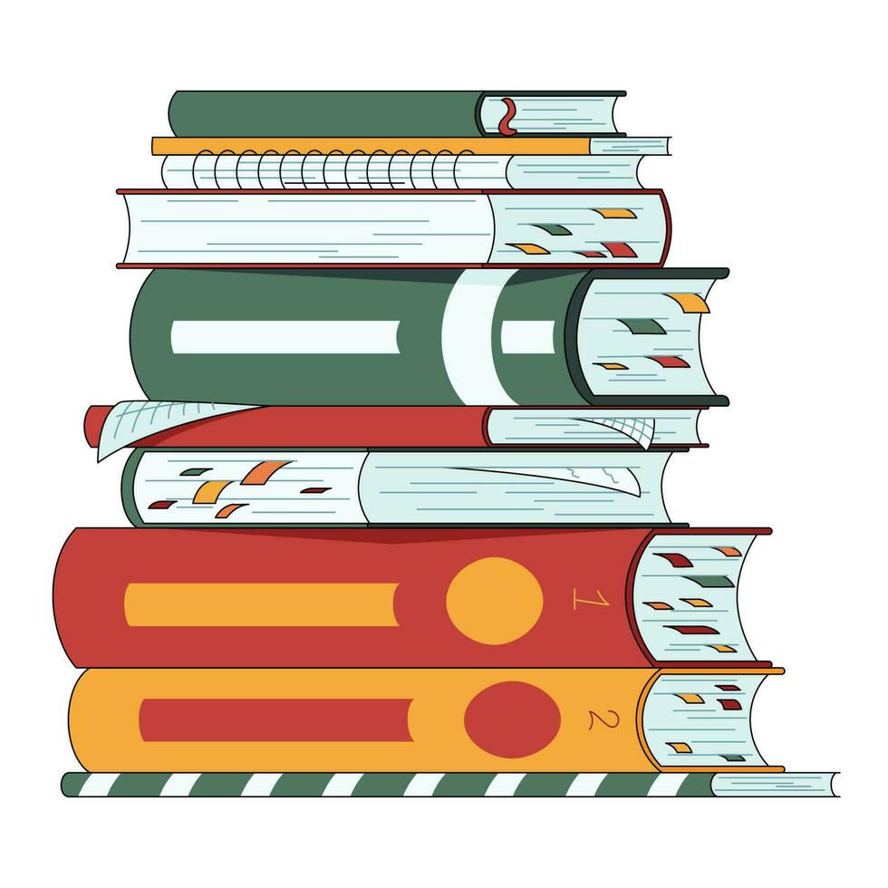 apilar de libros, libros de texto con marcadores y cuadernos, leyendo y aprendizaje sector ilustración. vector