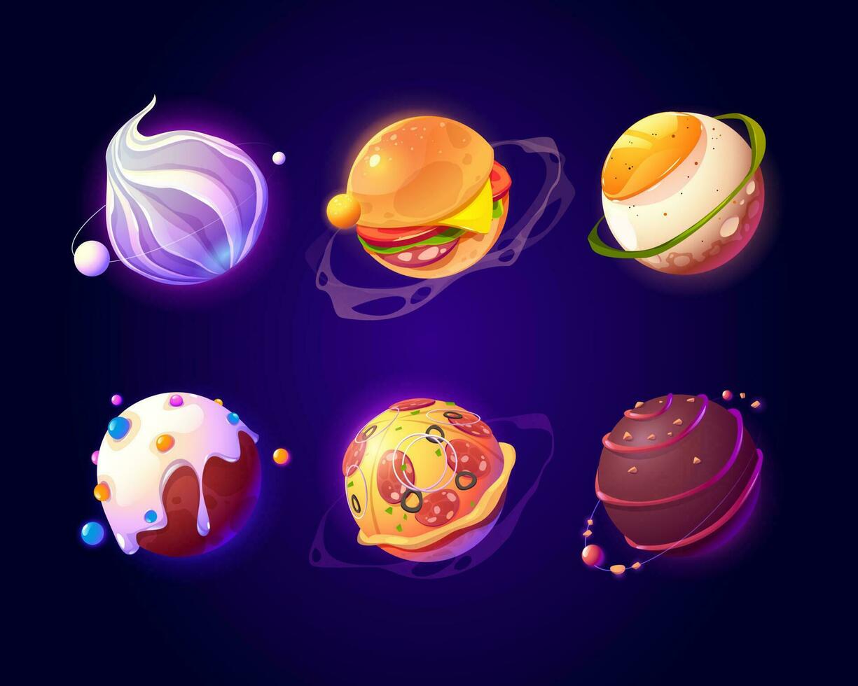 Space with food planets, pizza and candy texture vector