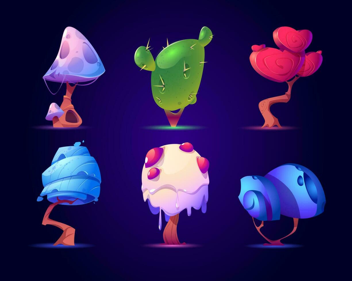 Fantasy mushrooms or alien trees set. Magic nature vector