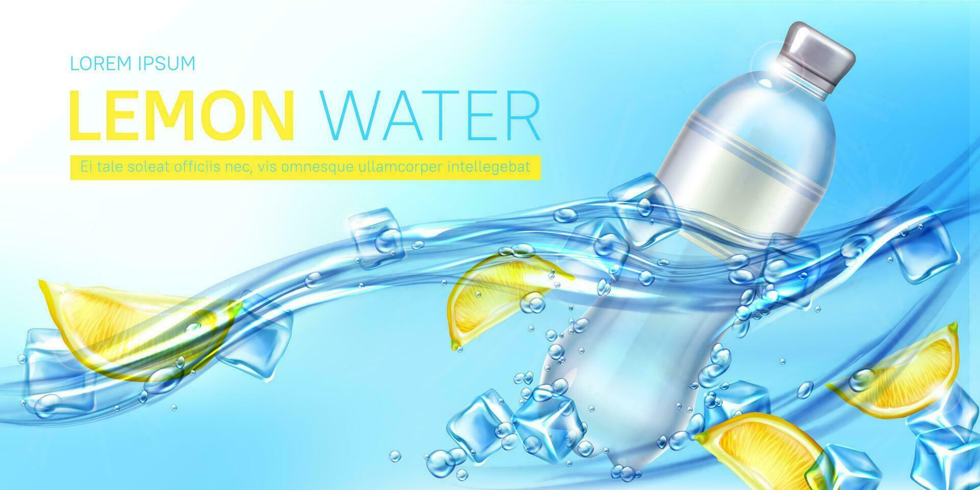 Lemon water ad banner, blank bottle with drink vector