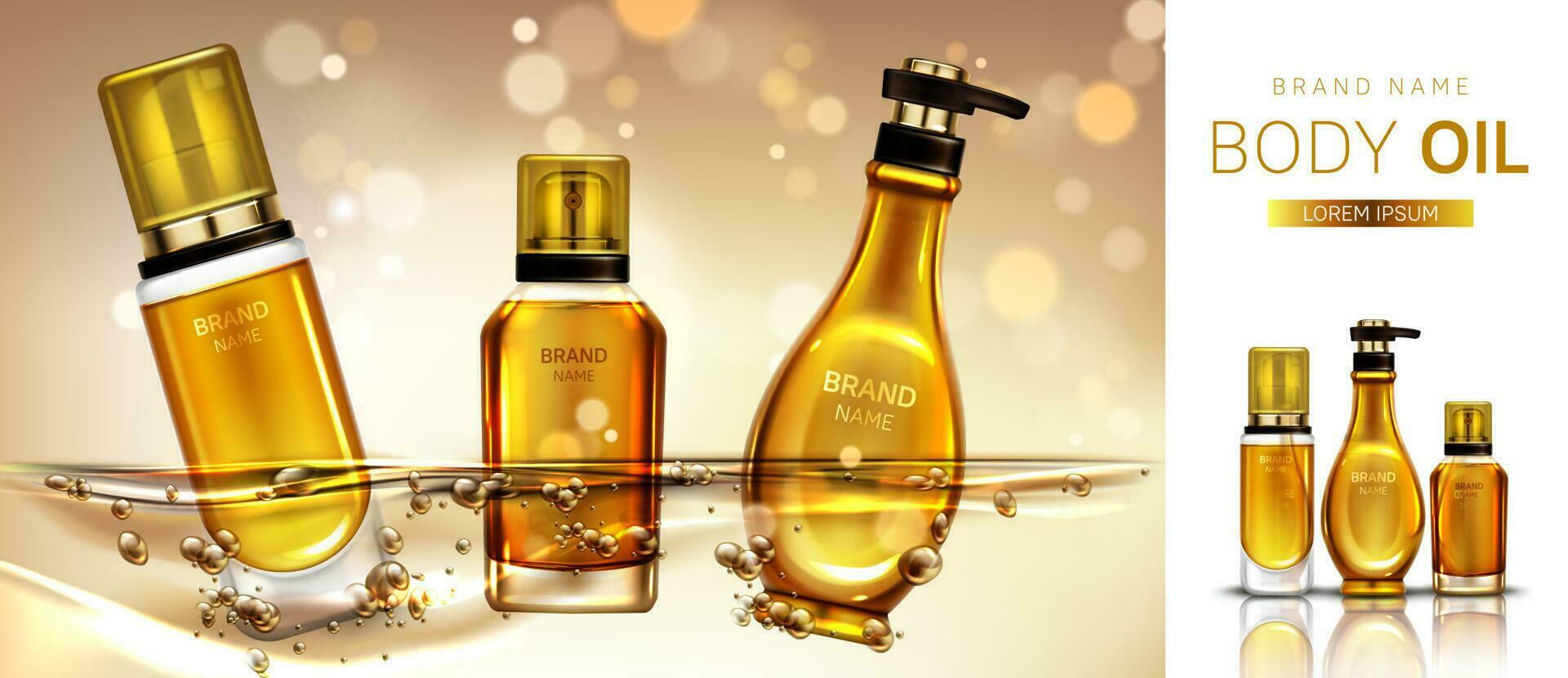 Body oil cosmetics product bottles mockup banner. vector