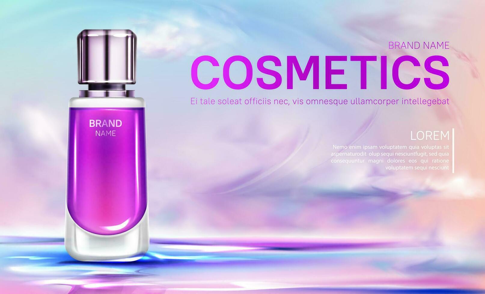 Cosmetics bottle on cloudy sky background, banner vector