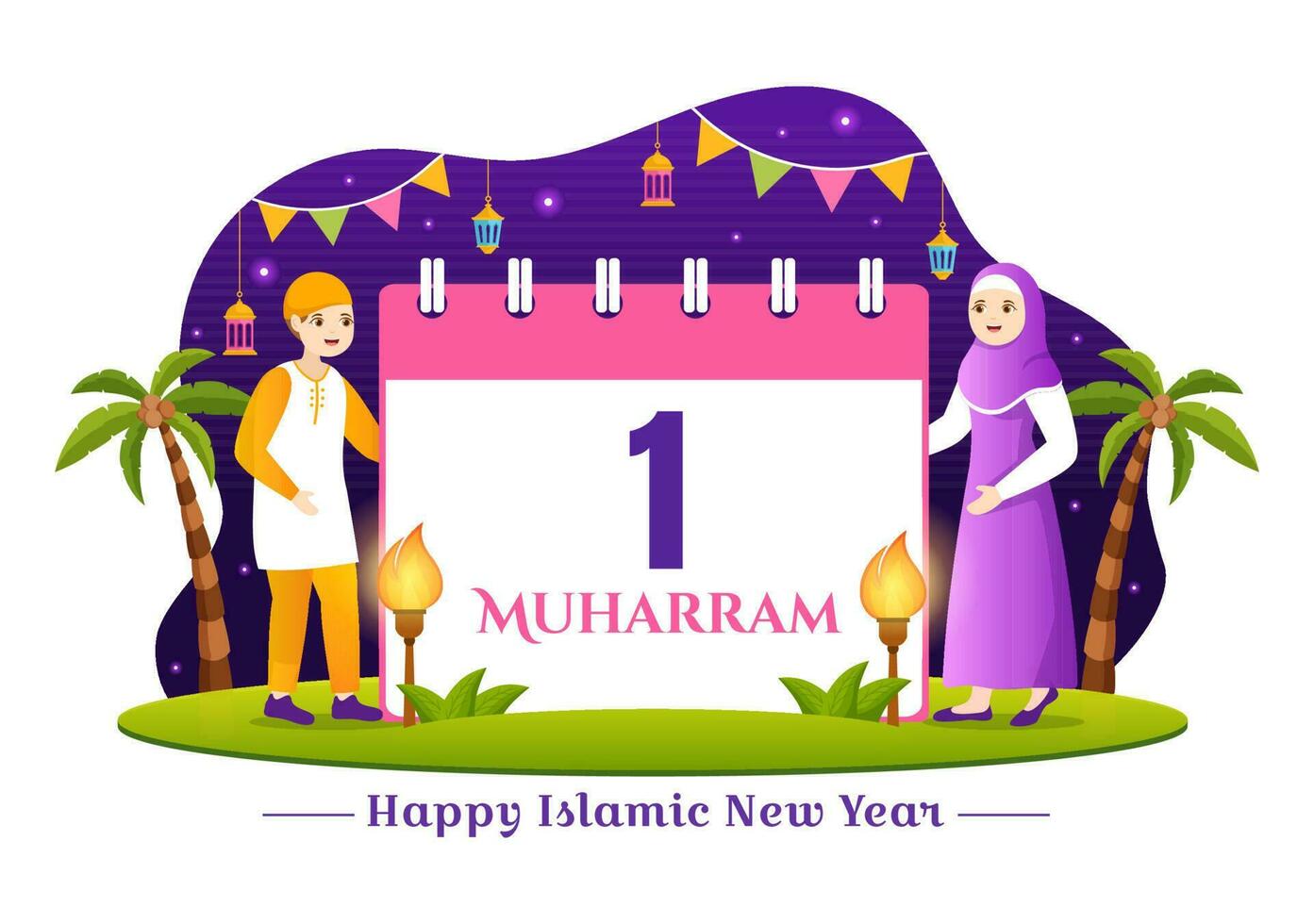 Happy Muharram Islamic New Year Vector Illustration with Kids Muslims in Flat Cartoon Hand Drawn Landing Page Background Templates