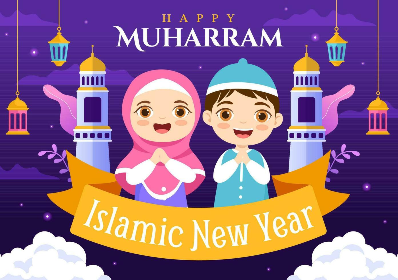 Happy Muharram Islamic New Year Vector Illustration with Kids Muslims in Flat Cartoon Hand Drawn Landing Page Background Templates