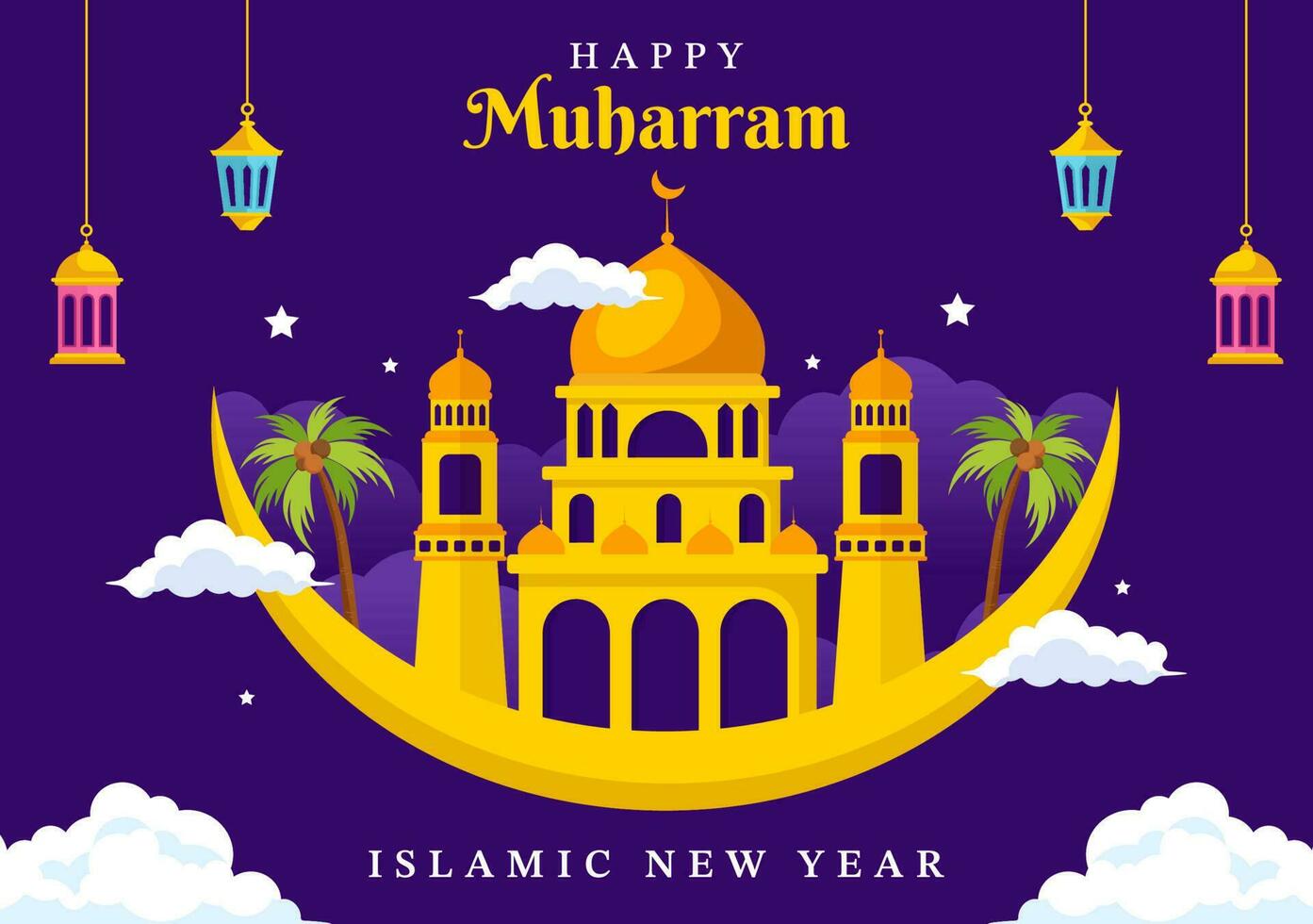 Happy Muharram Islamic New Year Vector Illustration with Muslims Celebration in Flat Cartoon Hand Drawn Landing Page Background Templates