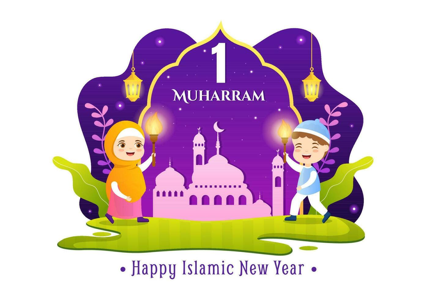 Happy Muharram Islamic New Year Vector Illustration with Kids Muslims in Flat Cartoon Hand Drawn Landing Page Background Templates