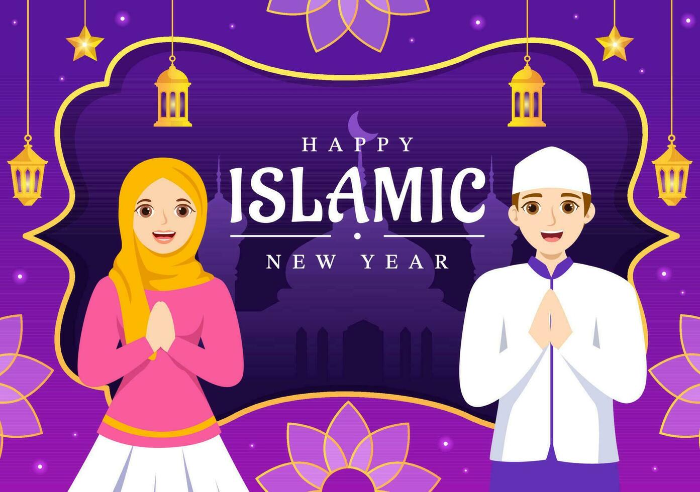 Happy Muharram Islamic New Year Vector Illustration with Muslims Celebration in Flat Cartoon Hand Drawn Landing Page Background Templates