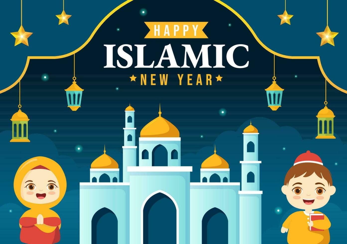 Happy Muharram Islamic New Year Vector Illustration with Kids Muslims in Flat Cartoon Hand Drawn Landing Page Background Templates