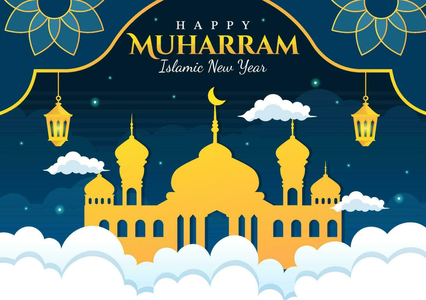 Happy Muharram Islamic New Year Vector Illustration with Muslims Celebration in Flat Cartoon Hand Drawn Landing Page Background Templates