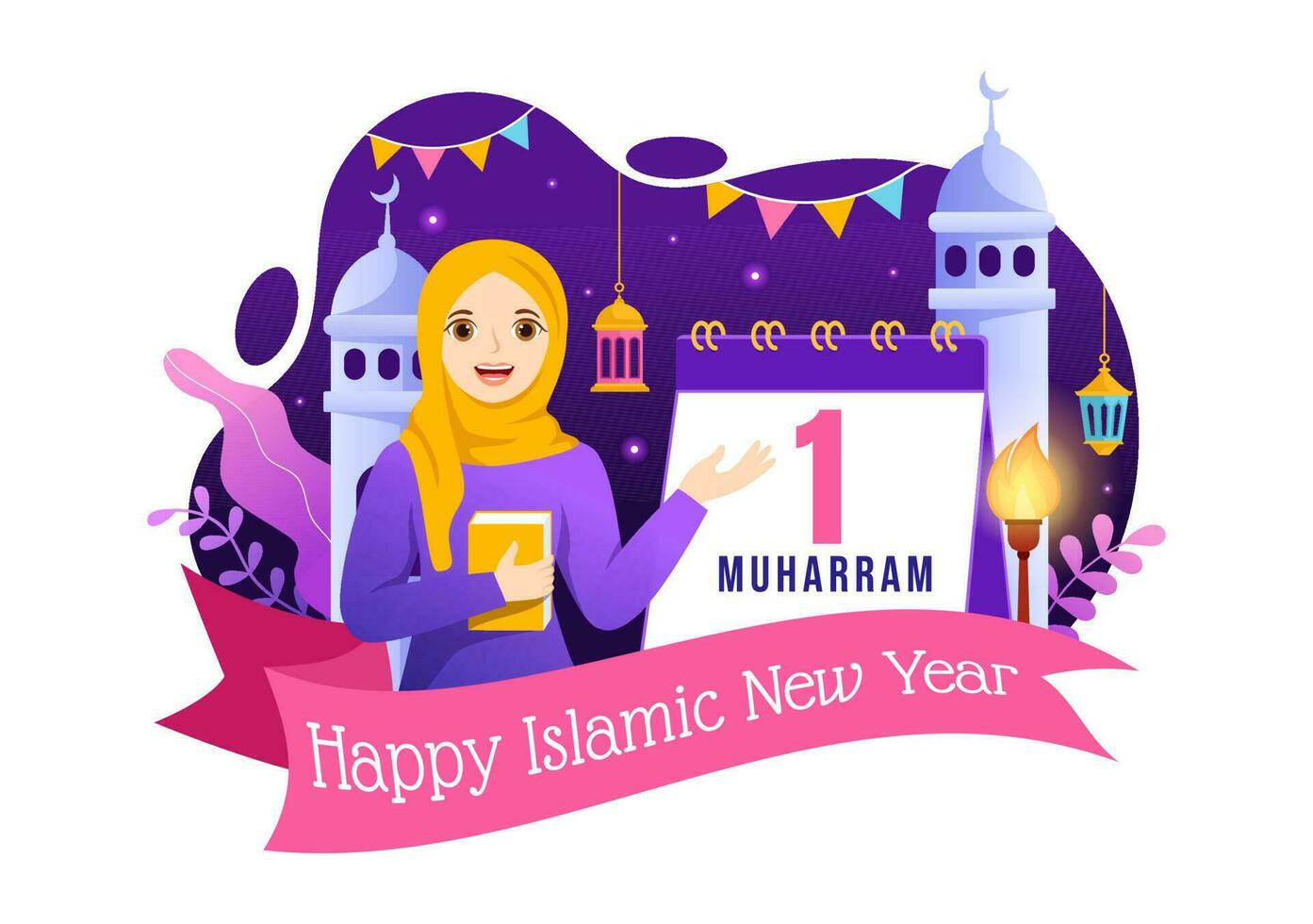 Happy Muharram Islamic New Year Vector Illustration with Muslims Celebration in Flat Cartoon Hand Drawn Landing Page Background Templates