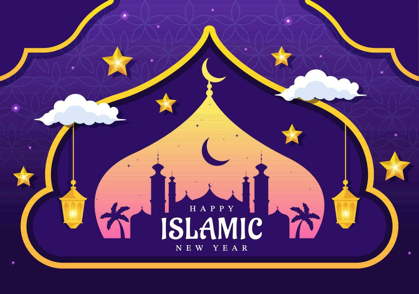 Happy Muharram Islamic New Year Vector Illustration with Muslims Celebration in Flat Cartoon Hand Drawn Landing Page Background Templates