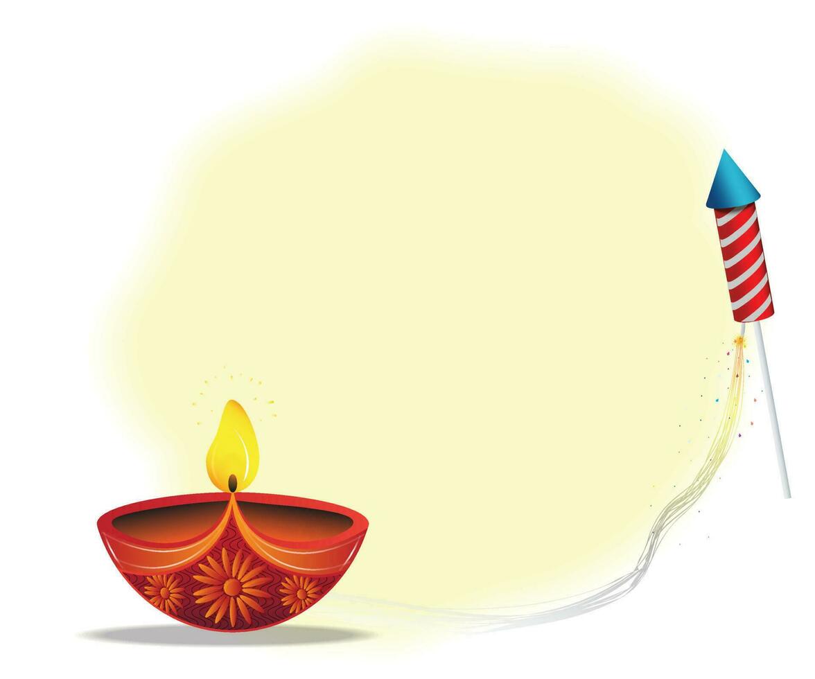 Diwali greeting template with beautiful burning Diwali Diya oil lamp with crackers on yellow backgrounds. vector