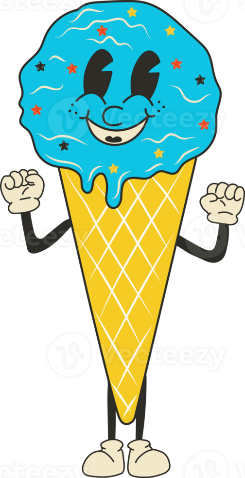 Cute Cartoon Ice cream character. Happy and cheerful emotions. Old animation 60s 70s, funny cartoon characters. Trendy illustration in retro style. png