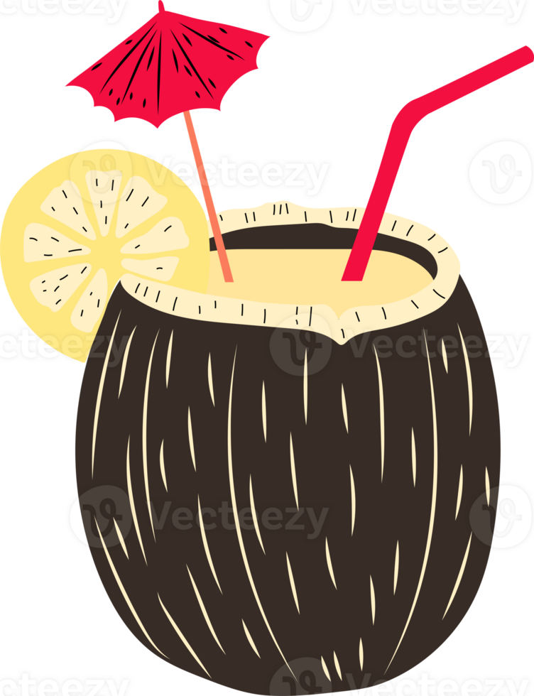 A cartoon image of a coconut cocktail with a straw and a red straw. png
