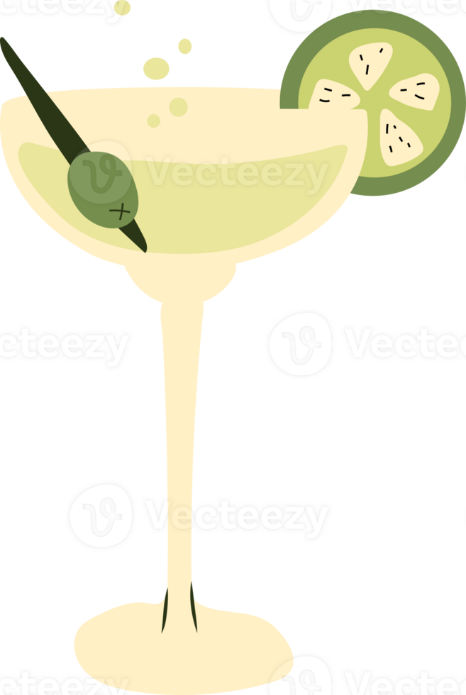 Dry martini cocktail .  Illustration of alcohol cocktail drink. Classical drink in martini glass with green olive png