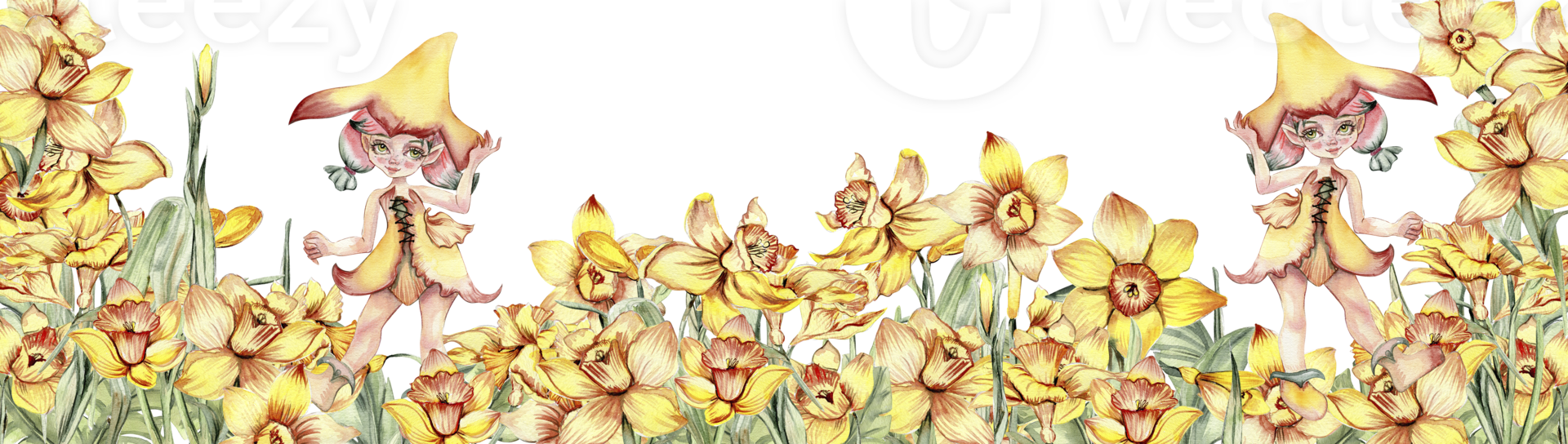 waterverf horizontaal naadloos achtergrond met narcis. bloemen in tekenfilm stijl. hand- getrokken illustratie van zomer. perfect voor scrapbooken, kinderen ontwerp, bruiloft uitnodiging, groeten kaarten. png