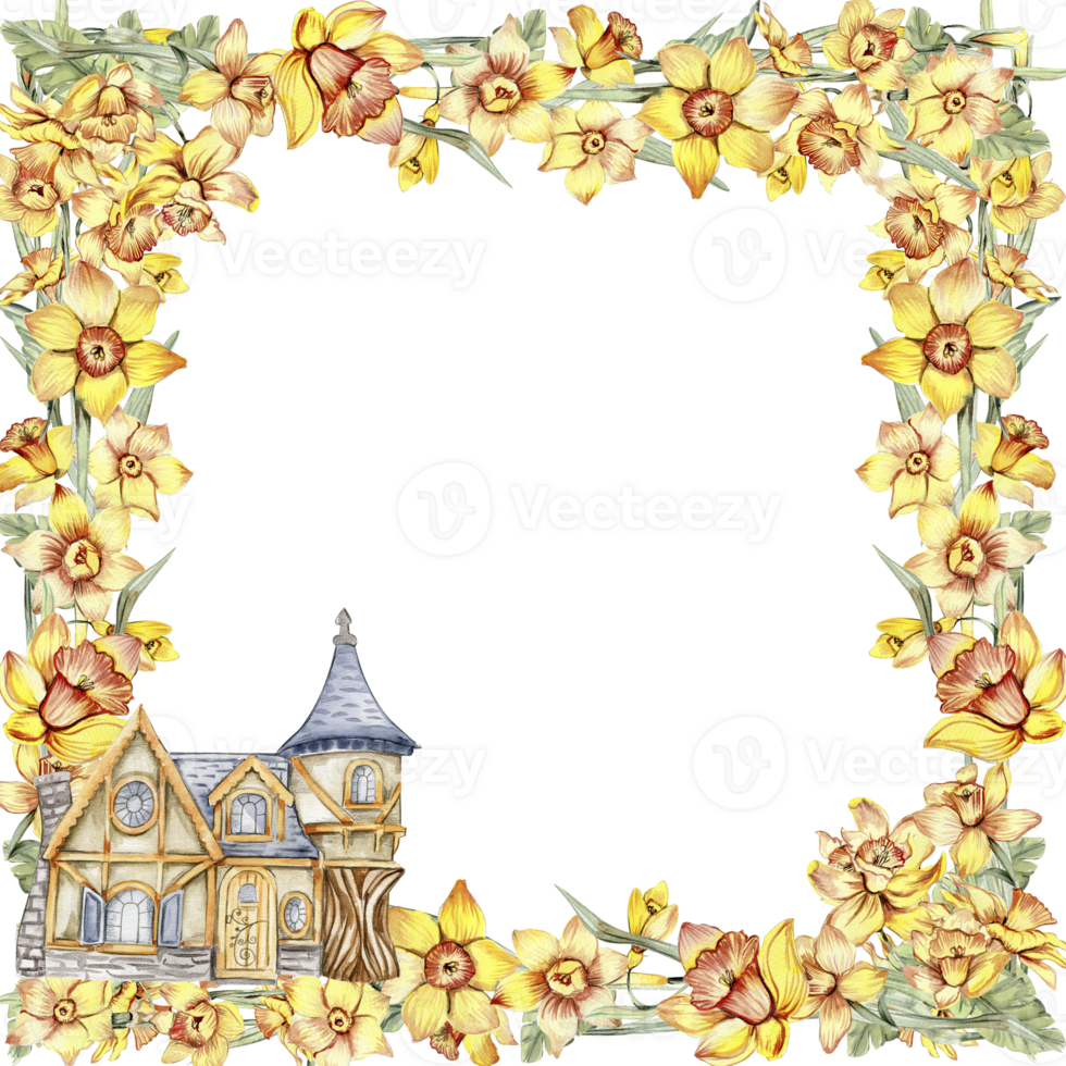 Watercolor hand drawn spring garden full of narcissus square frame. Summer illustration for scrapbooking. Cartoon hand drawn background with flower for kids design. Perfect for wedding invitation. png