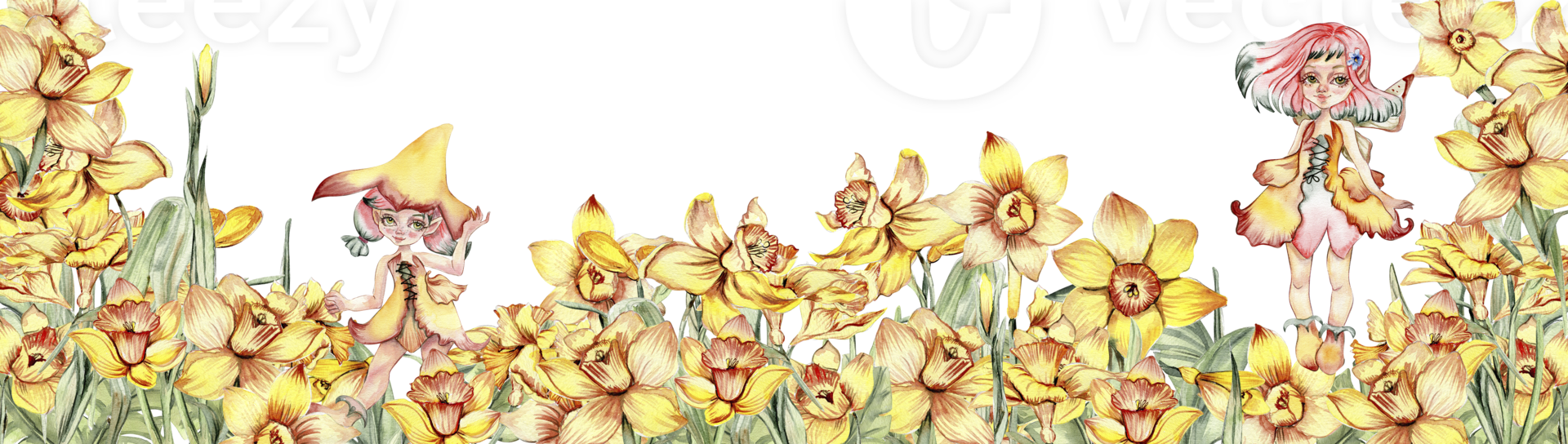 Watercolor horizontal seamless background with narcissus. Flowers in cartoon style. Hand drawn illustration of summer. Perfect for scrapbooking, kids design, wedding invitation, greetings cards. png