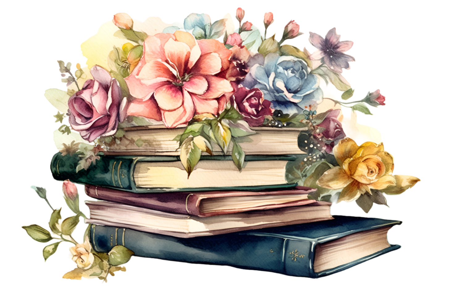 Vintage Books Stacked with Flowers Watercolor Clipart png