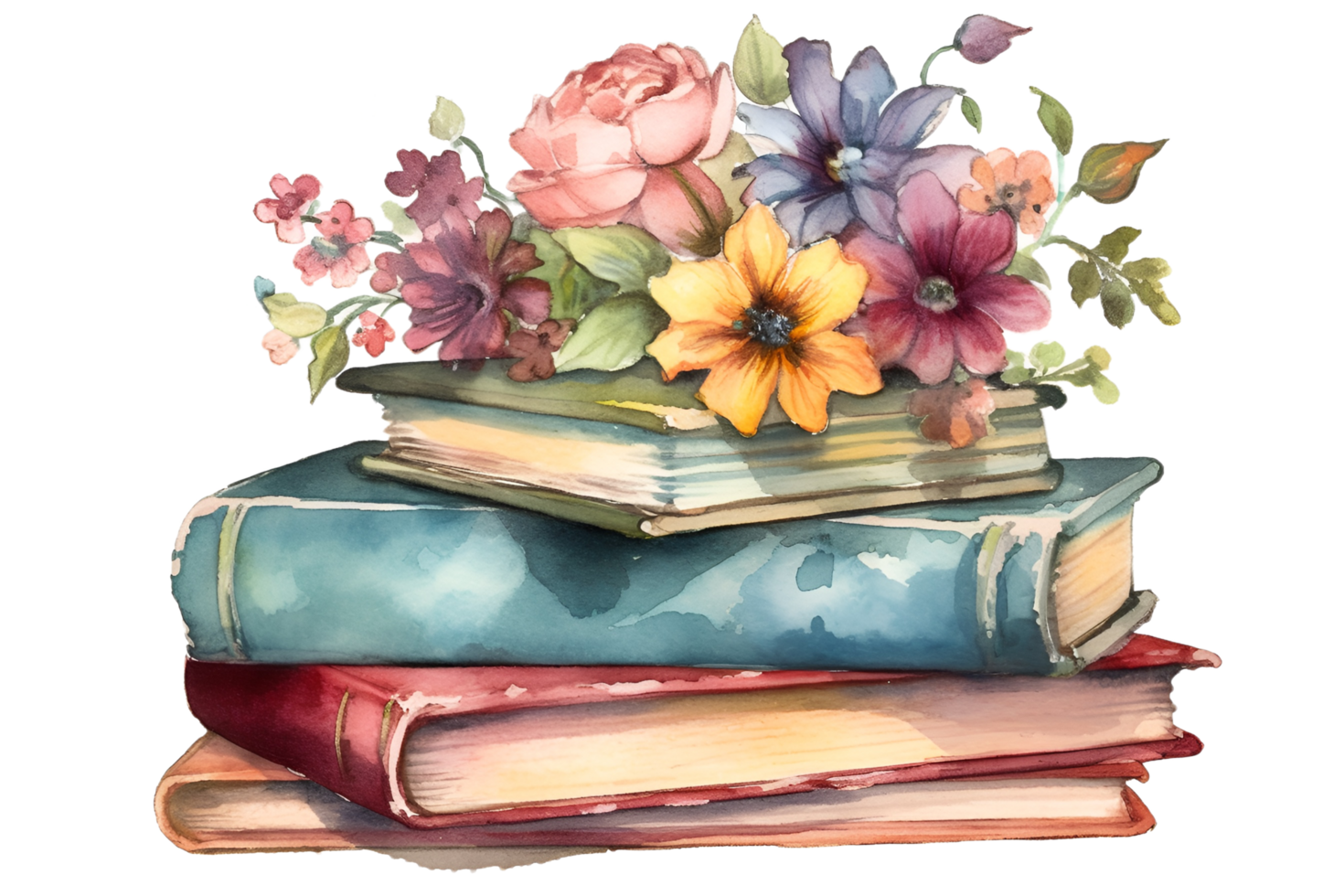 Vintage Books Stacked with Flowers Watercolor Clipart png