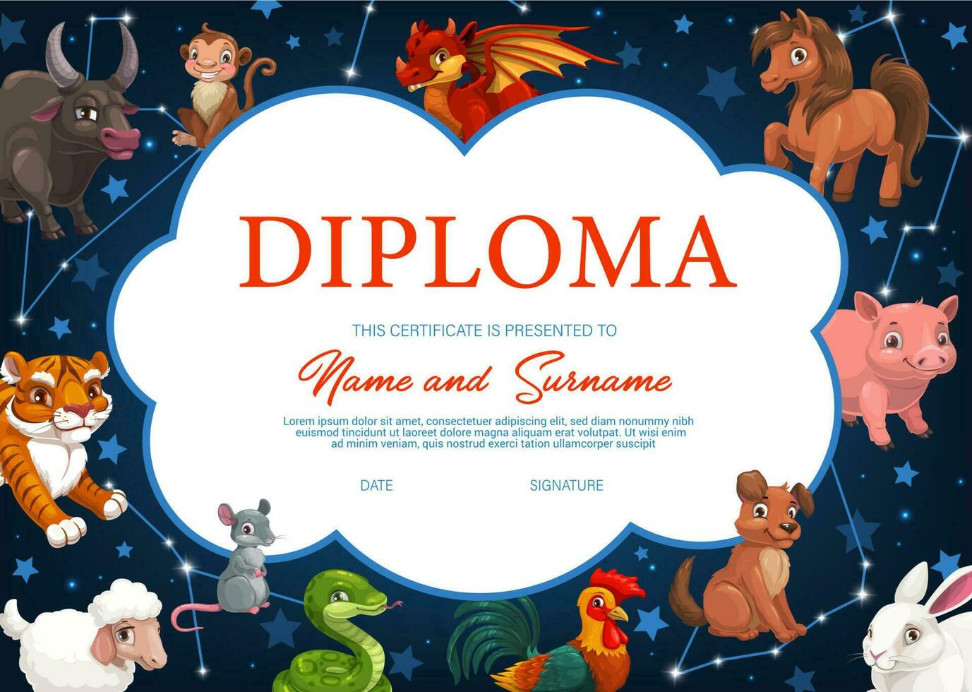 Kids diploma with Chinese zodiac animals, frame vector